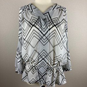Ellen Tracy Geometric White & Black Cinched Bottom Blouse - L
